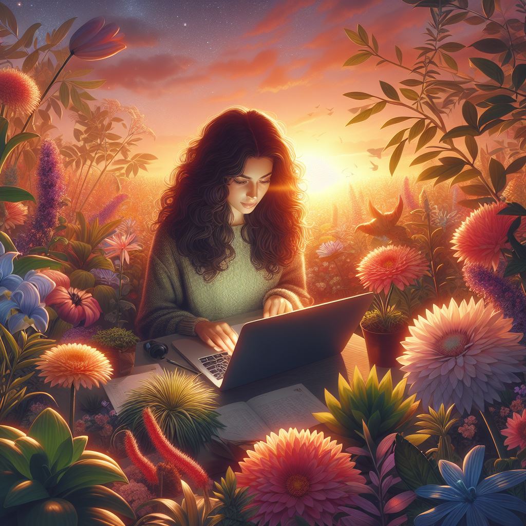 brunette woman with curly hair typing on laptop surrounded by flower and plant garden at sunset, digital art style.jpeg|600